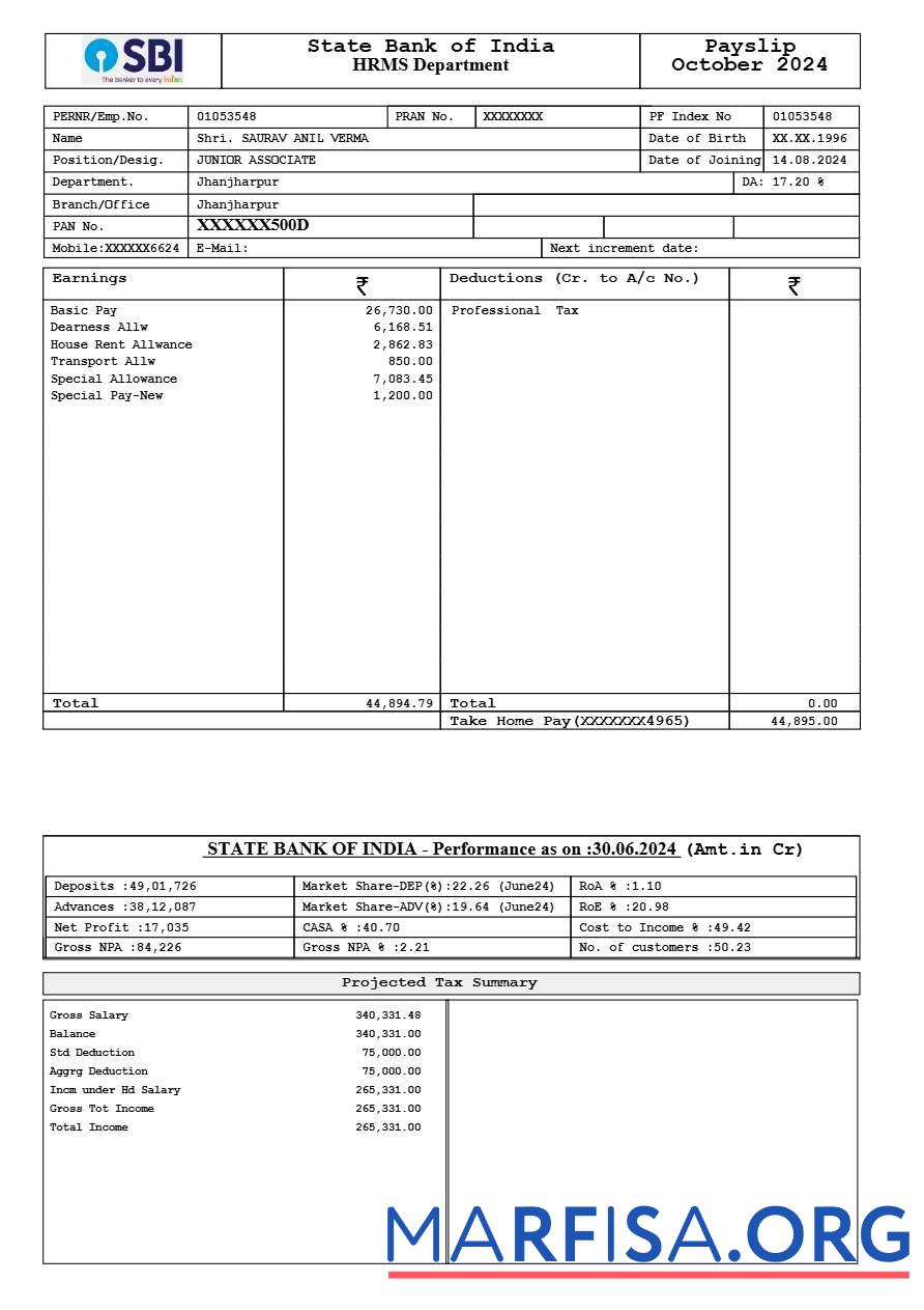Printable State Bank of India payslip sample